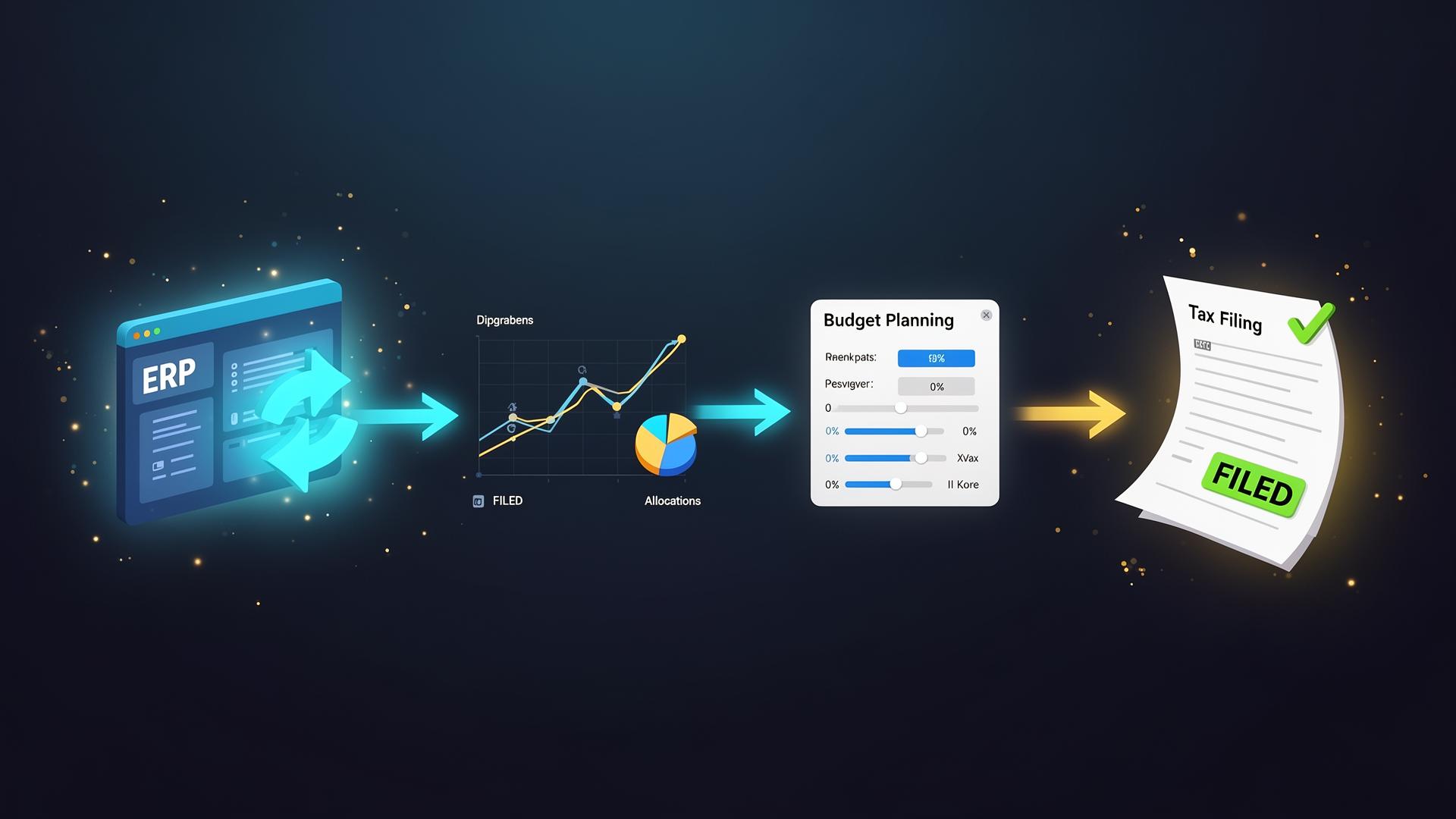 Workflow from ERP connection to financial analysis, budgets, and tax filing